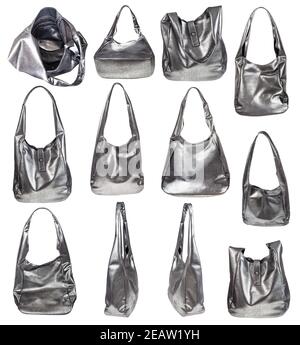 Set von handgefertigten Taschen aus weichem Silberleder Stockfoto