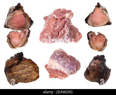 Set aus rohem und gekochtem hausgemachtem Roastbeef isoliert Stockfoto