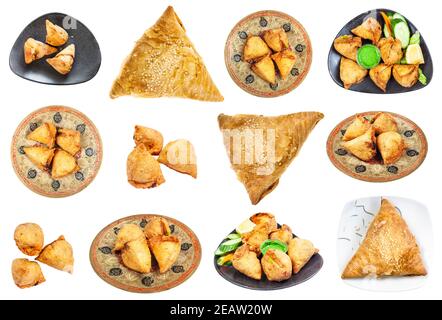 Set von verschiedenen Samsa und Samosa Gerichte isoliert Stockfoto