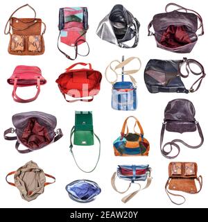 Set aus verschiedenen handgefertigten Damen Taschen isoliert Stockfoto