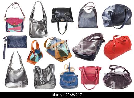 Collage aus verschiedenen handgefertigten Damentaschen Stockfoto