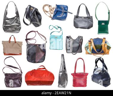Set aus verschiedenen handgefertigten Damentaschen isoliert Stockfoto