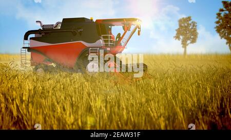 Industrial 3D Illustration von unbemannten Getreidemaschinen, die am arbeiten Farm Field Stockfoto