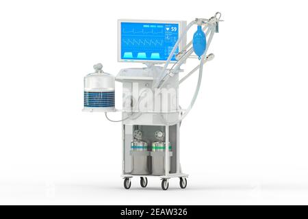 Medizinische 3D Illustration, ICU künstlicher Lungenventilator mit fiktiver Design isometrische Ansicht isoliert auf weiß - Stop covid-19 Konzept Stockfoto