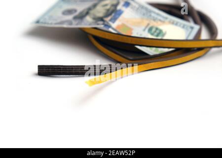 Klebedichtung für Wärmeeinsparungen und 100 US-Dollar, Nahaufnahme, Wärmeeinsparung Stockfoto