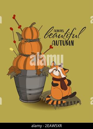 Roter Panda, fallende Blätter, gemütliches Essen, Nüsse, Pilze und Kürbis. Scrapbook Sammlung von Herbst Saison Elemente. Helles Set für die Ernte. Herbstpostkarte Stockfoto