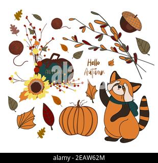 Set von niedlichen Herbst Cartoon-Figuren, Pflanzen und Lebensmittel. Herbstsaison. Sammlung von Scrapbook Elemente für Party, Erntefest oder Thanksgiving Tag Stockfoto