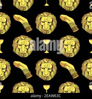 Muster Mystik und Magie. Löwenkopf und goldene Hand. Schwarzer Hintergrund. Halloween Hintergrund. Stockfoto
