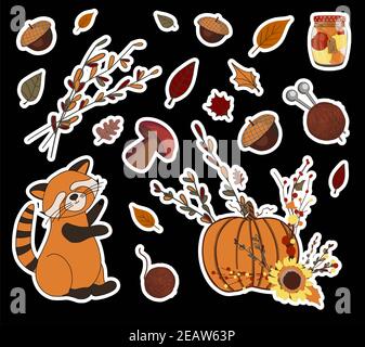 Herbst Aufkleber Set. Regenschirm und fallende Blätter. Herbstlaub. Kinderdruck für Textilien und Bekleidung. Produktdesign Stockfoto