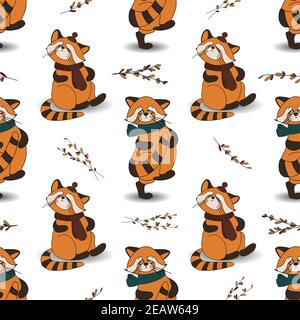 Herbstmuster mit Tieren. Roter Panda-Charakter. Eicheln. Herbsthintergrund. Print für Kindertextilien und Stoffe. Niedliche Tiere. Illustration Stockfoto
