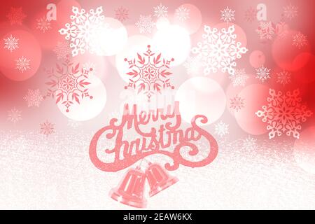 Abstrakte festliche elegante rot weiß glitzernde Grußkarte mit weihnachtssternen, Kugeln und einem Bokeh beleuchteten Frohe Weihnachten Text. Schöne Kulisse mit Platz. Stockfoto