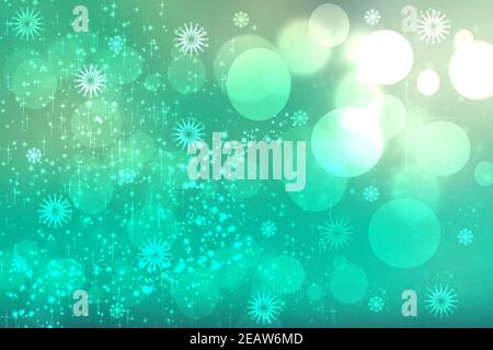 Vorlage für Weihnachtskarte. Abstrakt festlich Natur Licht türkis grün weiß Winter weihnachten Hintergrund Textur mit Bokeh beleuchteten Schneeflocken, Sterne und Raum. Schönes Kartendesign. Stockfoto