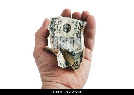 Eine zerknitterte hundert-Dollar-Barrechnung in seiner Hand. Stockfoto