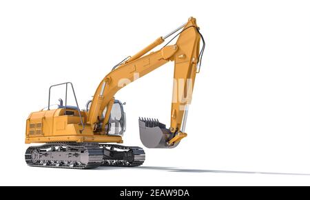 Gelber Bagger auf weißem Hintergrund. Stockfoto