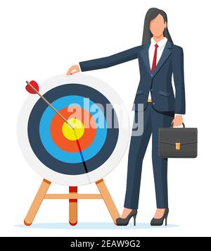 Glückliche Geschäftsfrau und Dart Ziel. Zielvorgabe. Geschäftsfrau mit Aktentasche. Smart-Ziel. Geschäftszielkonzept. Erfolg und Erfolg. Vektorgrafik im flachen Stil Stock Vektor