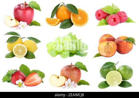 Lebensmittel Sammlung Früchte Apfel Beeren Äpfel Pfirsich Orangen frisches Obst Isoliert auf Weiß Stockfoto