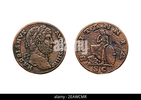 Römische Sestertius Münze des römischen Kaisers Hadrian Stockfoto