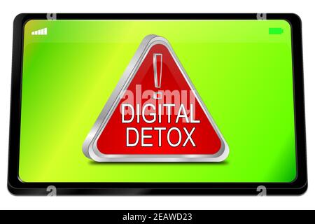 Tablet-Computer mit roter Digital Detox-Taste auf grünem Desktop - 3D Abbildung Stockfoto