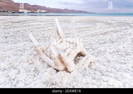 Kleiner Plastikstuhl komplett mit kristallinem Salz bedeckt am Ufer des Toten Meeres, Nahaufnahme Detail, verschwommene Hotel Resorts in der Ferne - ein Bokek, Israel Stockfoto