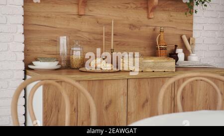 Holzinterieur der modernen Küche. Skandinavischer Stil, rustikaler Stil in warmen Brauntönen. Selektiver Fokus Stockfoto