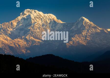 Annapurna Süd (links) und Hiunchuli (rechts) aus dem Süden. Annapurna Conservation Area. Nepal. Stockfoto