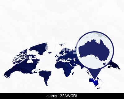 Australien Detailkarte auf blauer abgerundeter Weltkarte hervorgehoben. Karte von Australien im Kreis. Stock Vektor
