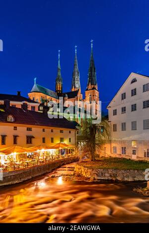 Sonnenuntergang Ansicht des weißen Gebäudes von Uppland Museum und Kathedrale in Uppsala, Schweden Stockfoto