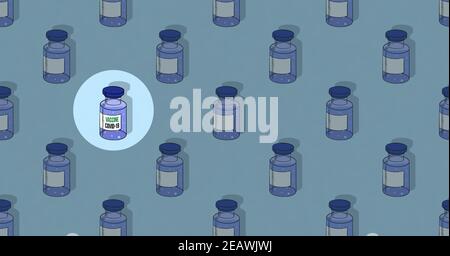 Coronavirus-Impfstoff-Konzept nahtlose Muster, Entwicklung und Suche nach einem gültigen Impfstoff gegen COVID-19 in 2021, Flasche und Fläschchen mit Text inscriptio Stockfoto