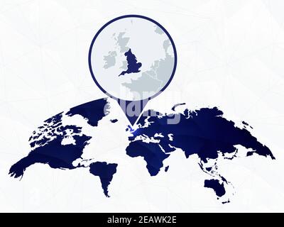 England Detailkarte auf blauer abgerundeter Weltkarte hervorgehoben. Karte von England im Kreis. Stock Vektor
