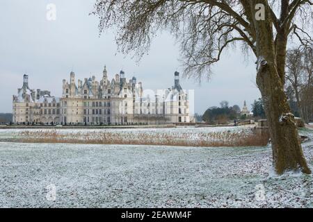 Frankreich, Loir-et-Cher (41), Chambord (UNESCO-Weltkulturerbe), königliche Burg der Renaissance, nach dem Schneefall Stockfoto