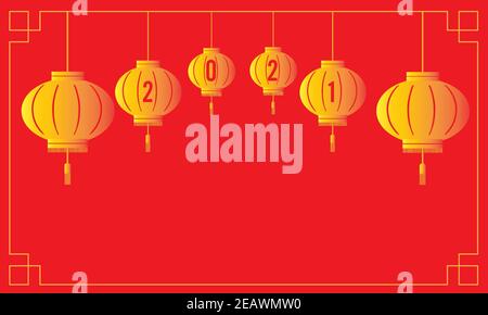 Chinesische Dekoration für das neue Jahr 2021. Mondjahr-Vorlage mit goldenen Laternen auf rotem Hintergrund. Vektor- und Illustrationsdesign Stock Vektor