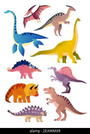 Verschiedene Dinosaurier - Set von flachen Design-Stil Tiere auf weißem Hintergrund. Pteranodon, Stegosaurus, parasaurolophus, Brachiosaurus, ankylosaurus, spi Stock Vektor