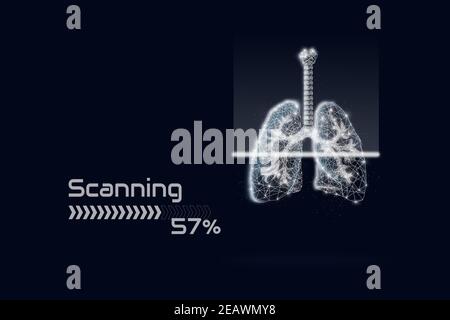 Abtastung des Hologramms der niederpoligen Lunge auf dunkelblauem Hintergrund. Covid-19. Menschliche Lungen-Scans. Stockfoto