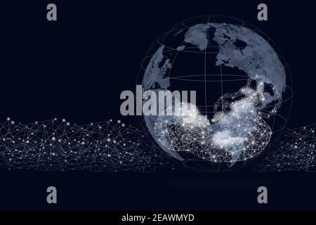 Weltkugel-Form mit Gologramm Fötus auf dunkelblauem Hintergrund. Leben auf der Erde - Umwelt und Ökologie Konzept. Stockfoto