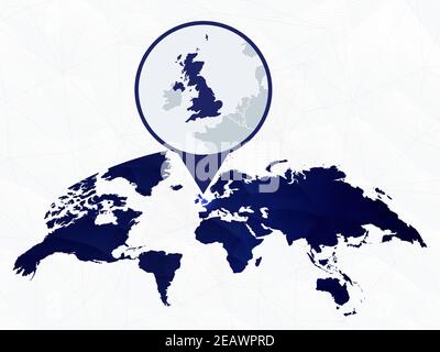Großbritannien Detailkarte auf blauer abgerundeter Weltkarte hervorgehoben. Karte von Großbritannien im Kreis. Stock Vektor