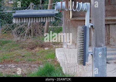 Zwei Bürsten für die Reinigung der Kühe auf dem Hof. Sie sind im rechten Winkel angeordnet, um den Rücken und eine Flanke eines Tieres gleichzeitig zu reinigen. Stockfoto