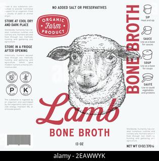 Label-Vorlage Für Lammknochen-Brühe. Abstract Vektor Lebensmittel Verpackung Design Layout. Moderne Typografie mit handgezeichneter Sheepe Skizze Hintergrund mit Stock Vektor