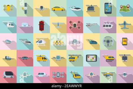 Unbemannte Taxi-Ikonen gesetzt, flachen Stil Stock Vektor