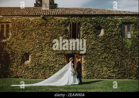 Pärchen an einem Hochzeitstag vor einer Wand Voller Kletterpflanzen Stockfoto