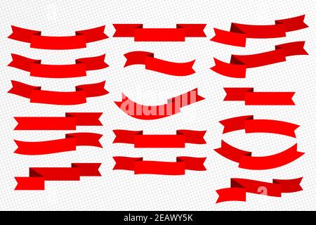 Set von roten flachen Bändern isoliert auf weißem Hintergrund. Vektorgrafik für Bannerband. Stock Vektor