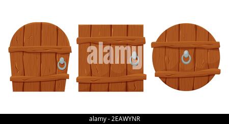 Set von Fantasy Cartoon Holz Türen in Cartoon-Stil isoliert auf weißem Hintergrund Stock Vektor Illustration. Sammlungselemente für ui-Spiele, Cliparts oder Stock Vektor