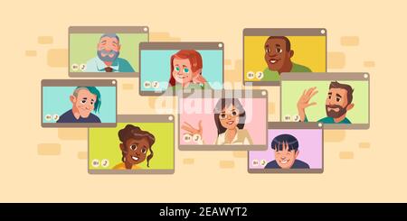 Verschiedene Menschen virtuelle Online-Videokonferenz, mehrere Computer-Bildschirme mit multirassischen Zeichen chatten. Geschäftssitzung von Kollegen oder Freunden, Fernkommunikation, Cartoon-Illustration Stock Vektor