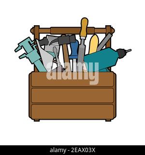 Volle Werkzeugkiste mit Werkzeugen. Werkzeugkiste aus Holz. Hammer und Bohrer. Schraubenschlüssel und Messschieber. Schraubendreher und Bürste. Stock Vektor