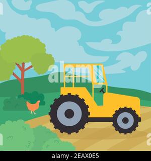 Bauernhof Traktor und Huhn Design, Agronomie Lifestyle Landwirtschaft Ernte und Landwirtschaft Thema Vektor-Illustration Stock Vektor