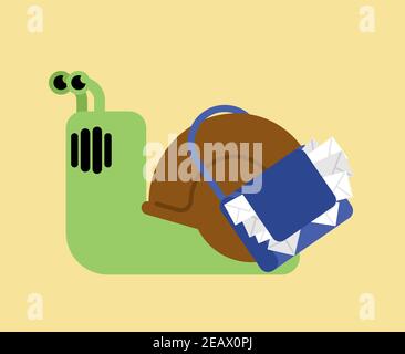 Schnecke Postbote. Schnecke und Brieftasche mit Briefen. Slow-Mail-Konzept Stock Vektor