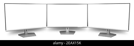 Triple-Screen pc-Computer-Monitor Flachbildschirm in Front-Side-Ansicht isoliert auf weißem Panorama-Hintergrund. Multimedia-Technologie Hardware communicat Stockfoto