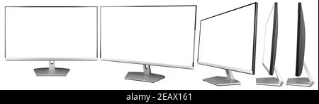 Set Sammlung von modernen schwarz silber pc-Computer-Monitor Flachbildschirm in Front-Seitenansicht isoliert auf weißem Hintergrund. Multimedia-Technologie-Hardware Stockfoto