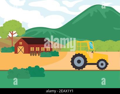 Bauernhof Traktor vor Berg-Design, Agronomie Lifestyle Landwirtschaft Ernte und Landwirtschaft Thema Vektor-Illustration Stock Vektor