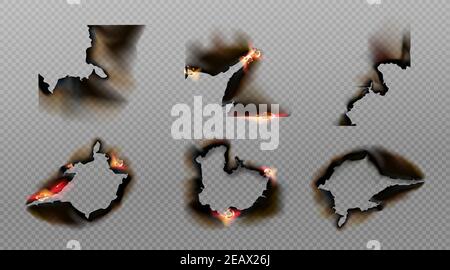 Brennen Sie Papierecken, Löcher und Ränder, verbrannte Seite mit schwelenden Feuer auf verkohlten unebenen Kanten, Pergamentblätter in Flammen. Gebrannte Rahmen auf transparentem Hintergrund isoliert. Realistisches 3D-Vektor-Set Stock Vektor