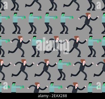 Zombi läuft nach Kerl Muster nahtlos. Zombie jagt Mann Hintergrund. Grün Walking tot spukt Mann. vektor-Textur Stock Vektor